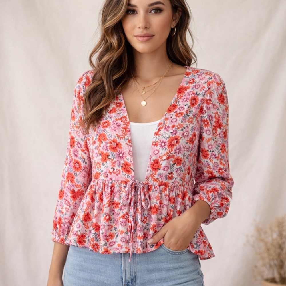 Lucky Brand Pink & Coral Floral Peplum Tie-Front Waist Blouse NWT